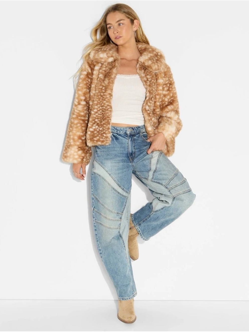 Plush Speckled Tan Faux-Fur Puffer Jacket